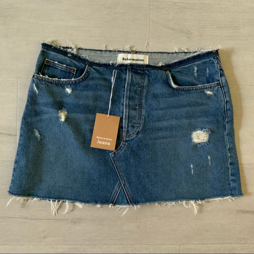 NWT Reformation Westin Distressed Denim Skirt